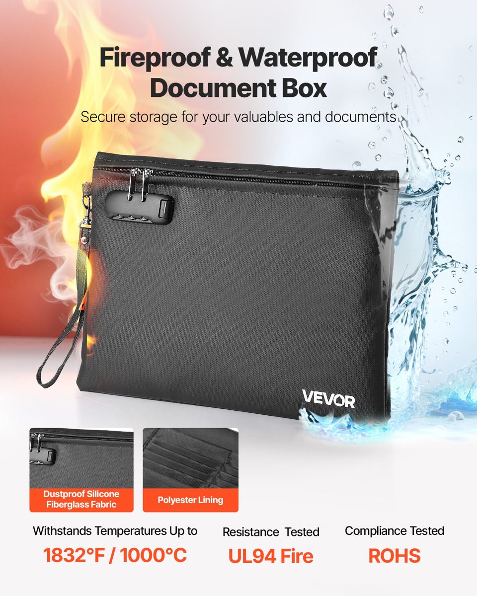 Fireproof Document Bag, 1832 ℉ Heat Insulated Fireproof & Waterproof Bag With