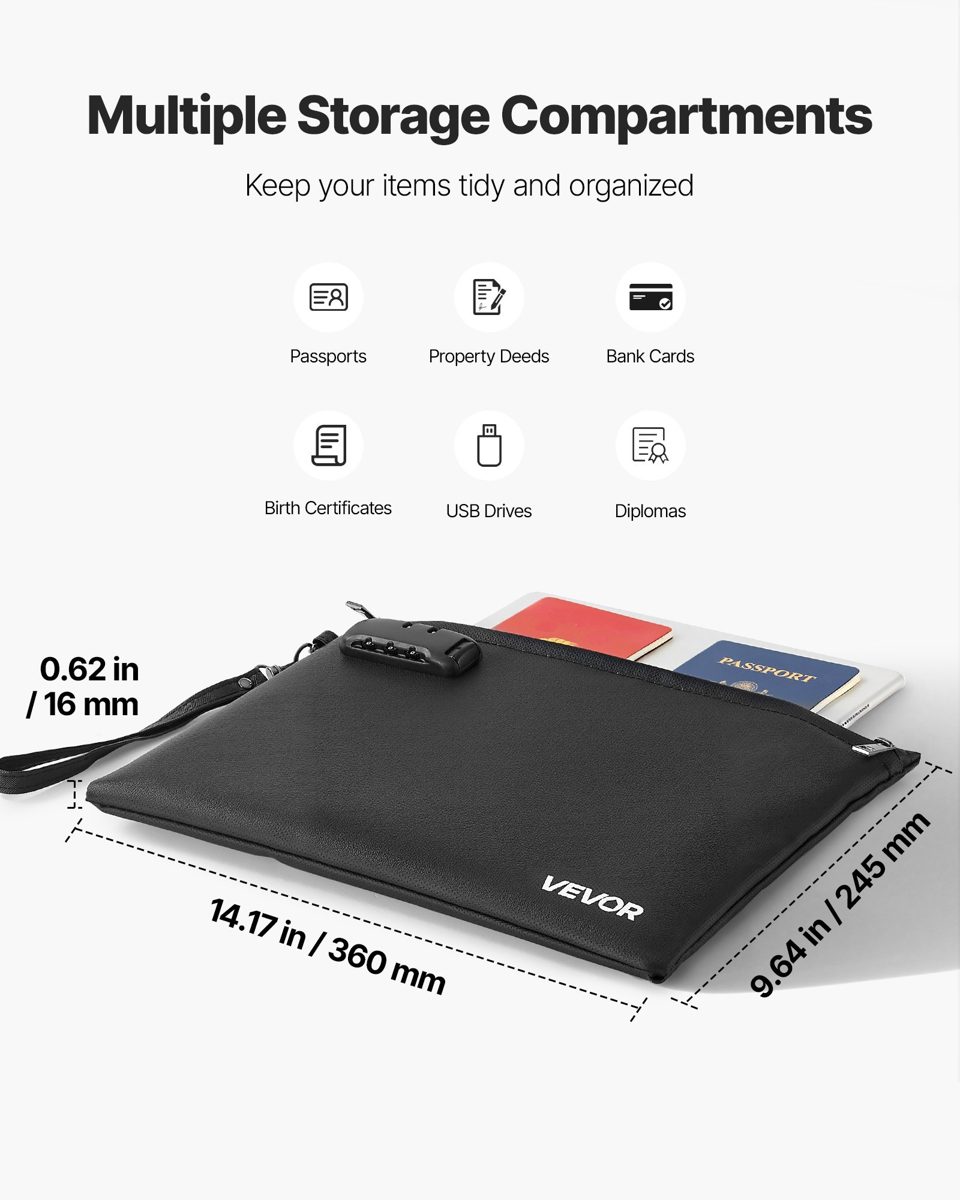Fireproof Document Bag, 1832 ℉ Heat Insulated Fireproof & Waterproof Bag With