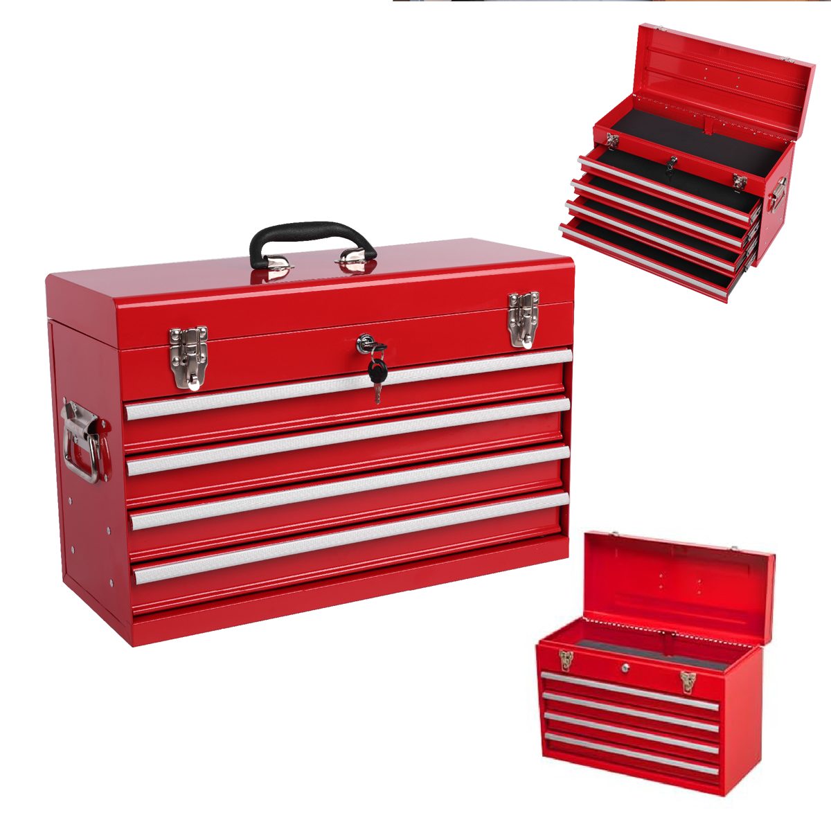 Heavy Duty Metal Tool Box, 21-inch, Portable Metal Tool Box With 4 Drawers