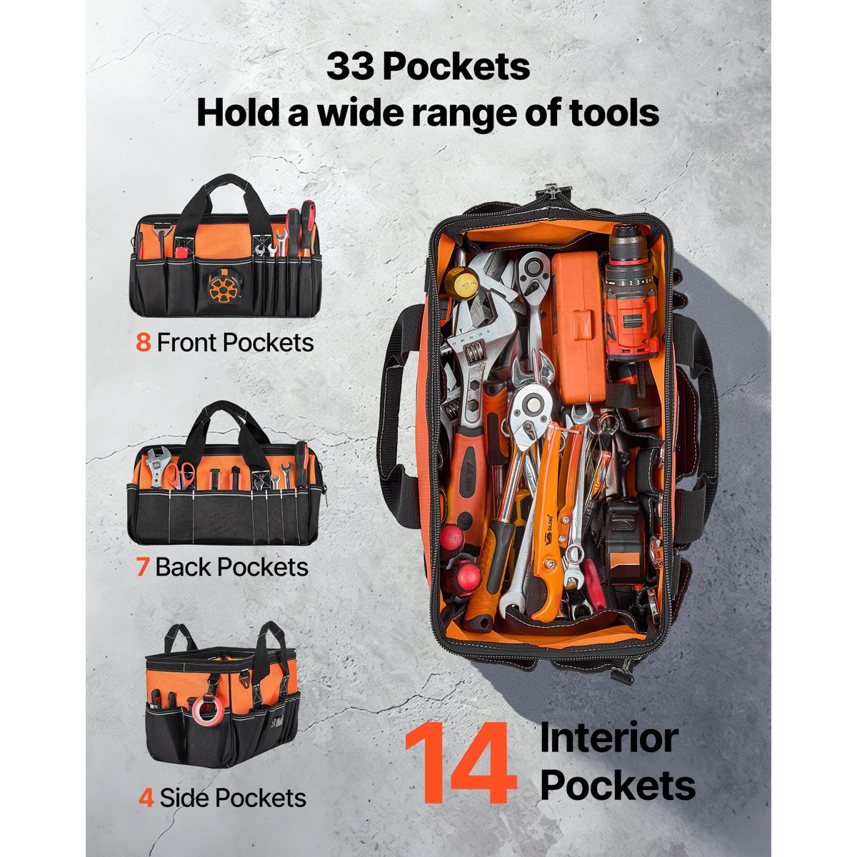 Tool Bag, 15.7 Inch, 33-Pocket Portable Tool Box Organizer Storage, Toolbox